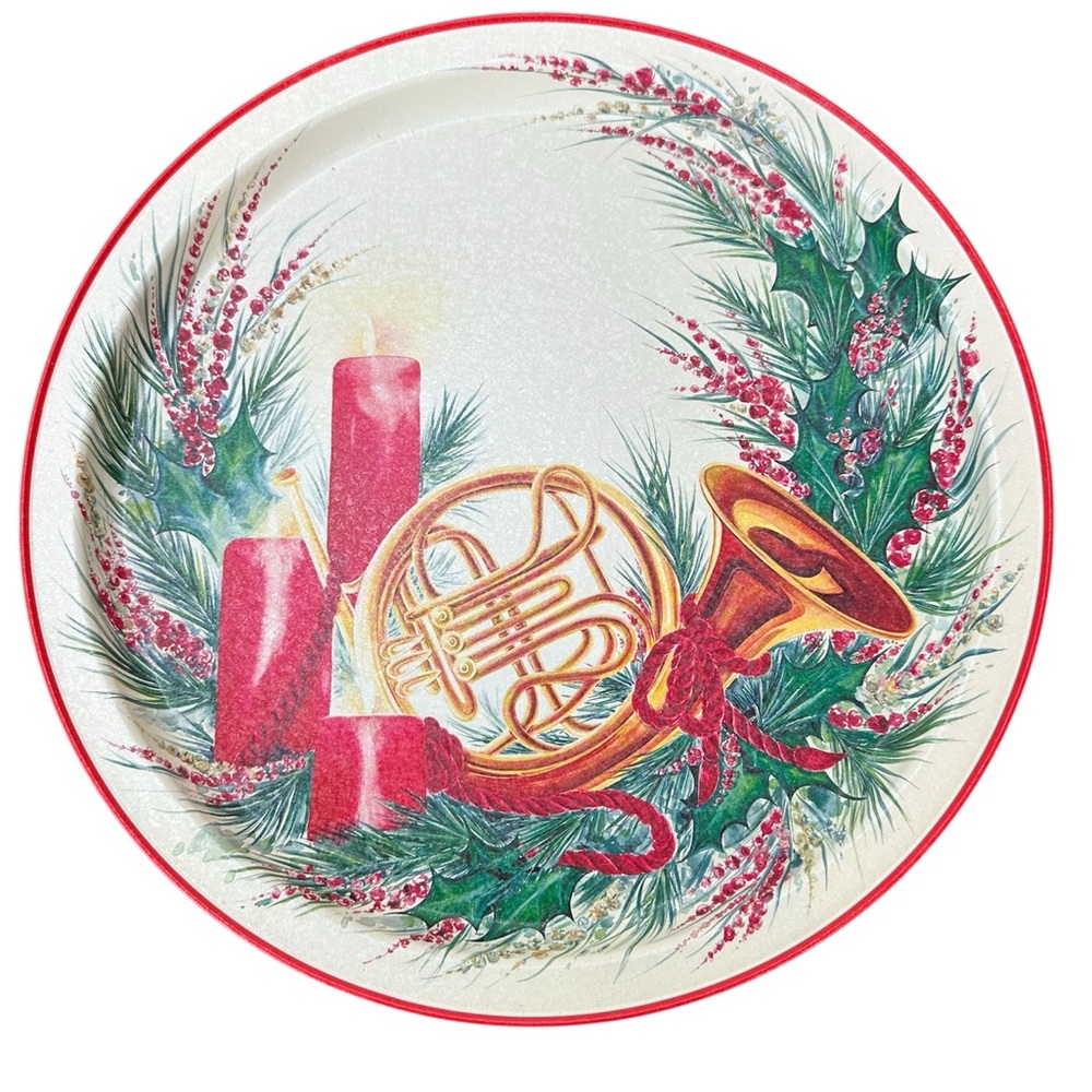 Vtg 90's Prettique Joyeux Noel Christmas Metal Round Tray Candles French Horn